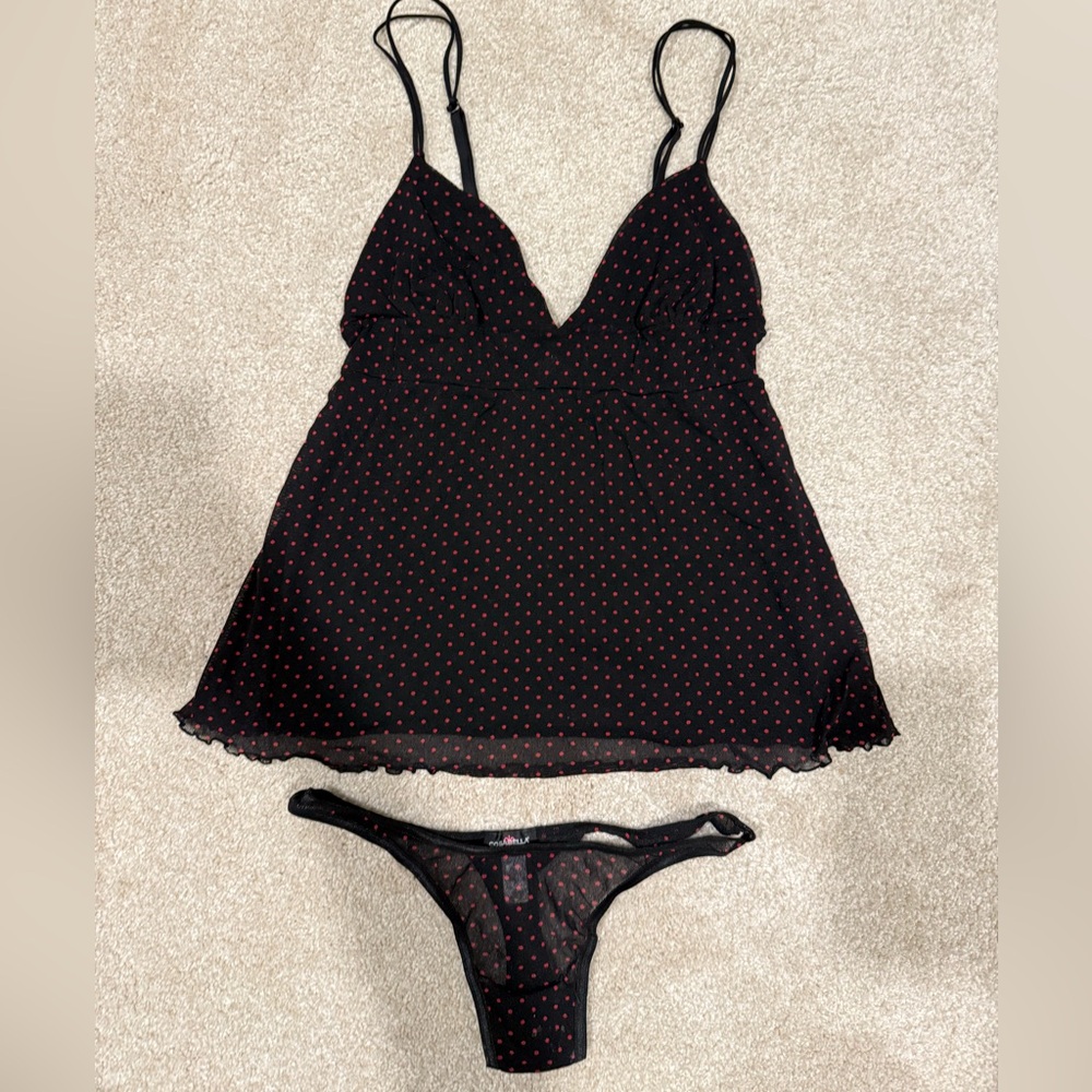 Cosabella Black Sheer Polka Dot Chemise Set
